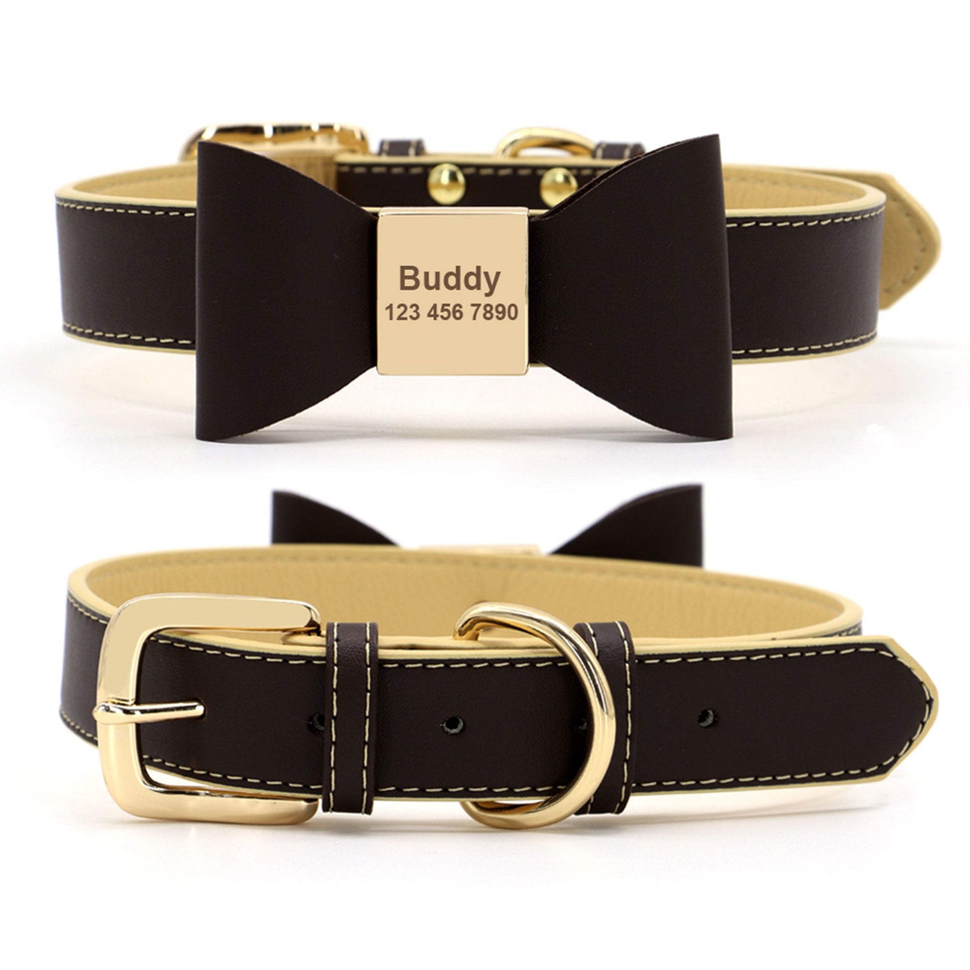 Premium Echtleder Hundehalsband mit Personalisierung | Bowknot Halsband Mein Shop Dunkelbraun/Beige XS 