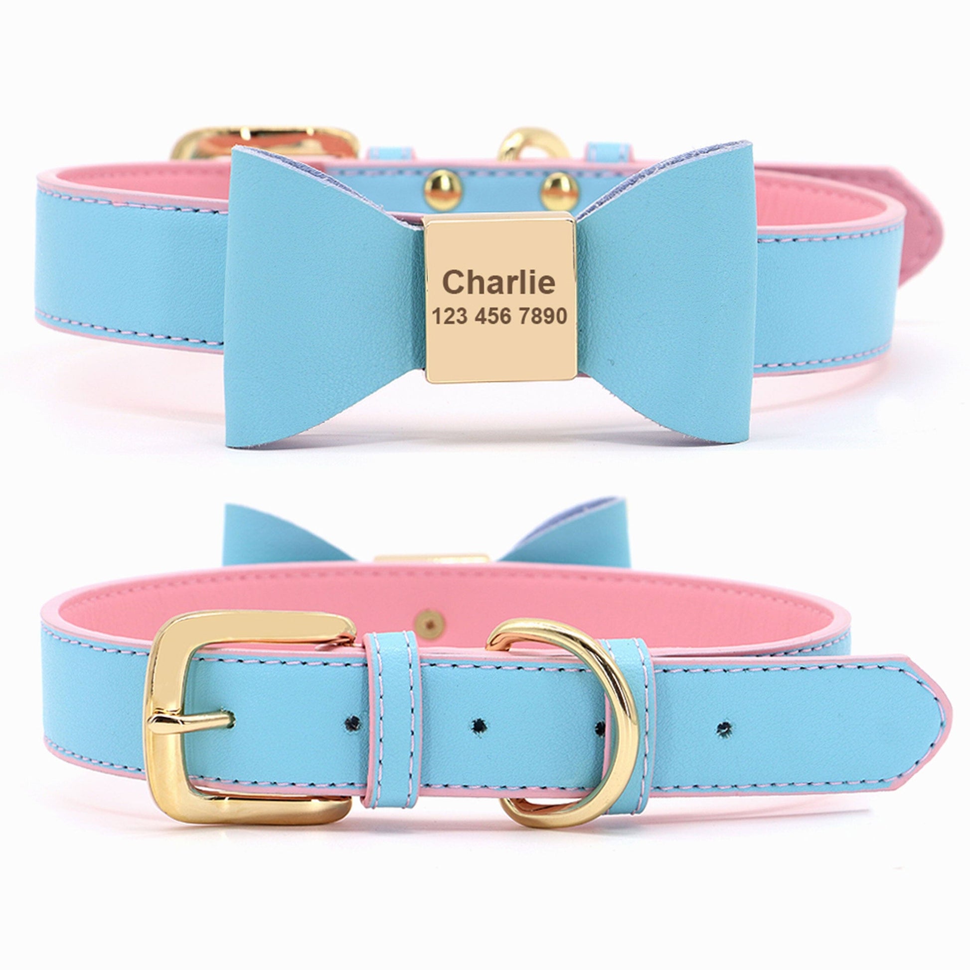 Premium Echtleder Hundehalsband mit Personalisierung | Bowknot Halsband Mein Shop Hellblau/Rosa XS 
