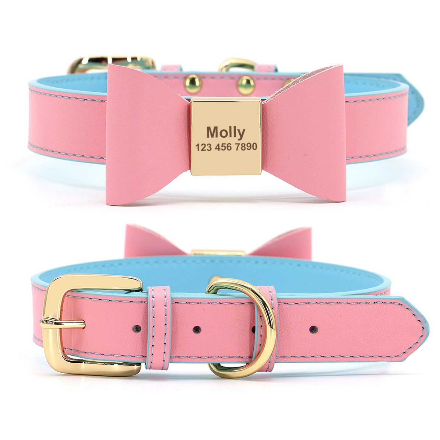 Premium Echtleder Hundehalsband mit Personalisierung | Bowknot Halsband Mein Shop Rosa/Hellblau XS 
