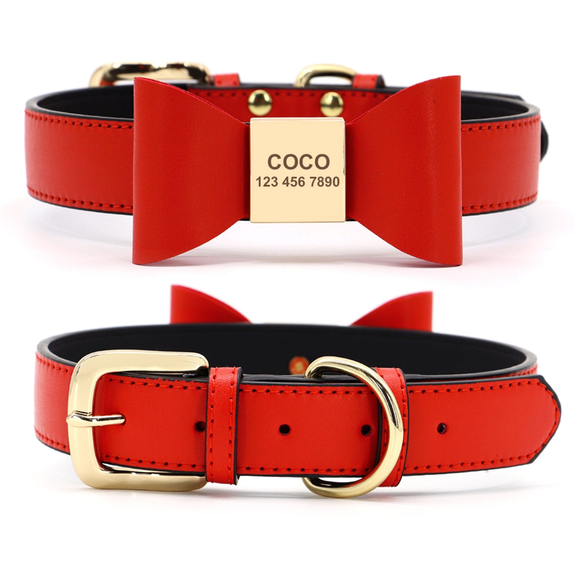 Premium Echtleder Hundehalsband mit Personalisierung | Bowknot Halsband Mein Shop Rot/Schwarz XS 